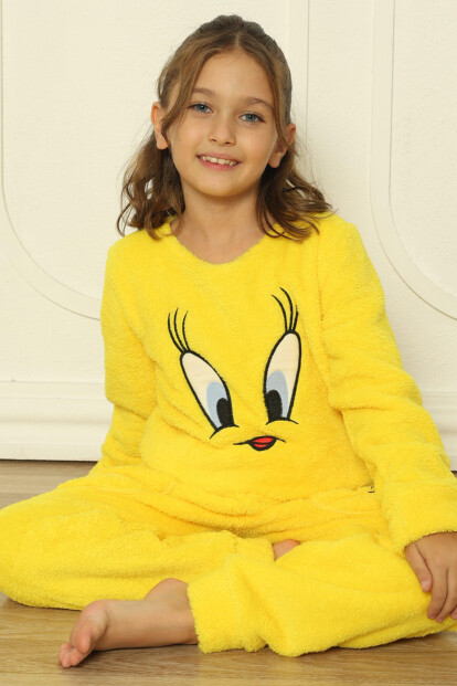 Sarı Kuş Desenli Tam Peluş Kız Çocuk Pijama Takımı - Pijamaevi