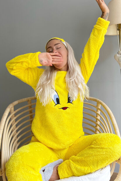 Sarı Kuş Desenli Tam Peluş Pijama Takımı - Pijamaevi