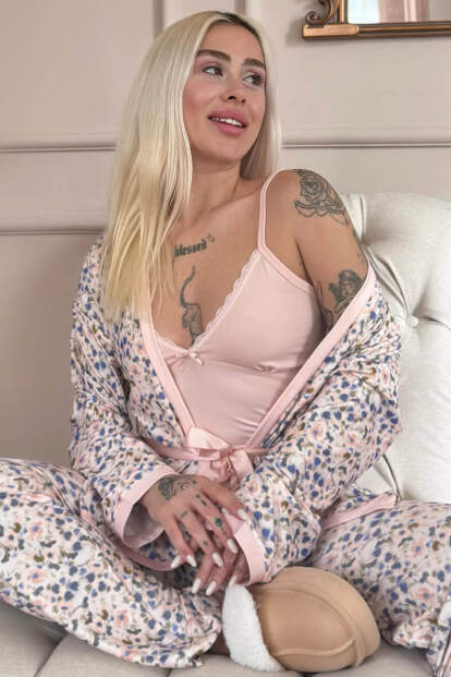 Şeftalı Soft Color Breeze Exclusive Örme Sabahlıklı Kadın Pijama Takım - Pijamaevi