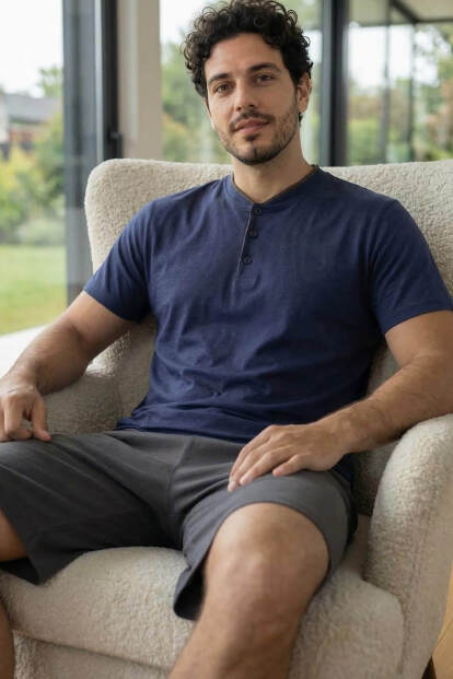 Signature Navy Şortlu Pat Detaylı Elegant Erkek Pijama Takımı - Pijamaevi