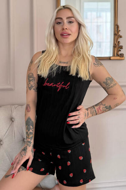 Siyah Beautiful Desenli Şortlu Marlenka Kadın Pijama Takımı - Pijamaevi