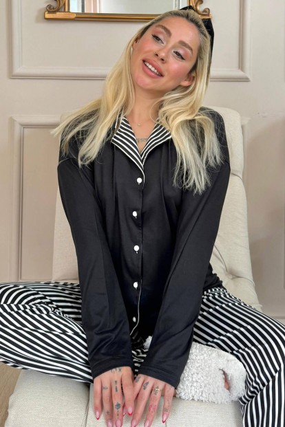 Siyah Çizgi Desenli Bambu Önden Düğmeli Uzun Kol Kadın Pijama Takımı - Pijamaevi