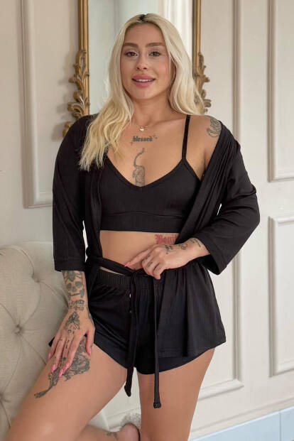 Siyah Dublin Büstiyerli Sabahlıklı Kadın Pijama Takımı - Pijamaevi
