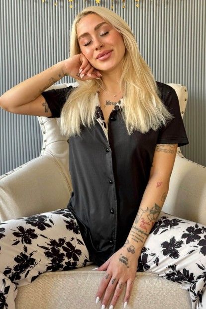 Siyah Florado Exclusive Önden Düğmeli Kısa Kollu Kadın Pijama Takımı - Pijamaevi