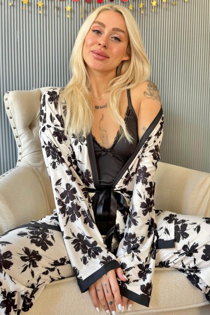Siyah Flore Exclusive Örme Sabahlıklı Kadın Pijama Takımı - Pijamaevi