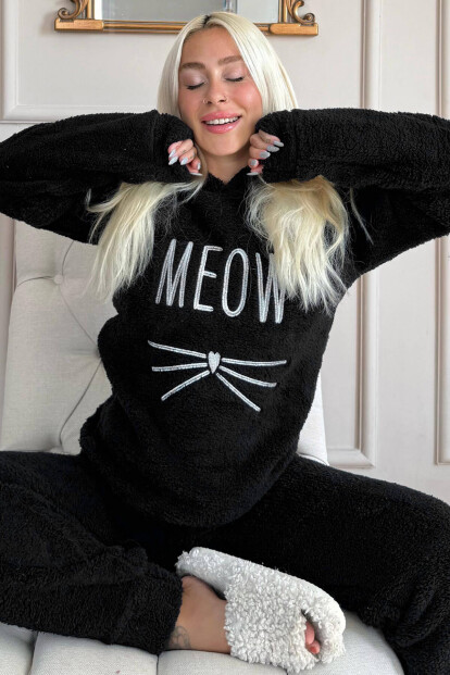 Siyah Meow Desenli Tam Peluş Pijama Takımı - Pijamaevi