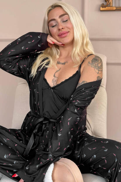 Siyah Midnight Petals Exclusive Örme Sabahlıklı Kadın Pijama Takımı - Pijamaevi