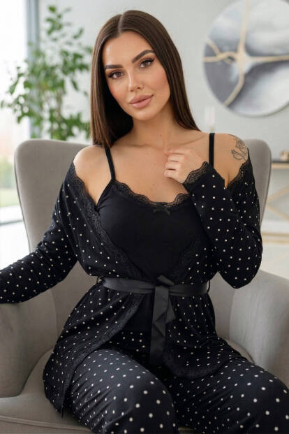 Siyah Mini Puan Desenli Bambu Sabahlıklı Kadın Pijama Takımı - Pijamaevi