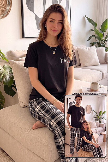 Siyah Mrs Kısa Kol Sevgili Aile Pijaması - Kadın Takımı - Pijamaevi