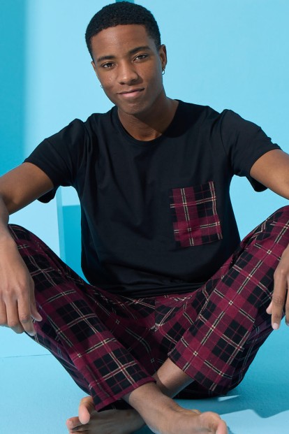Siyah One Square Ekose Desenli Kısa Kollu Erkek Pijama Takımı - Pijamaevi