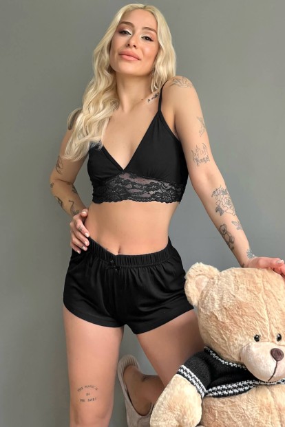 Siyah Örme Bralet Şortlu Takım - Pijamaevi