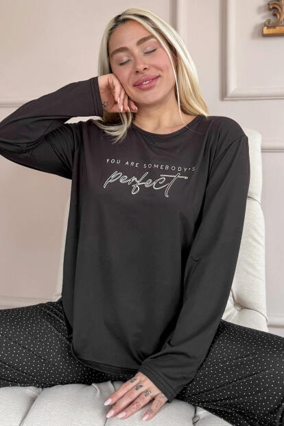 Siyah Perfect Desenli Bambu Uzun Kol Kadın Pijama Takımı - Pijamaevi