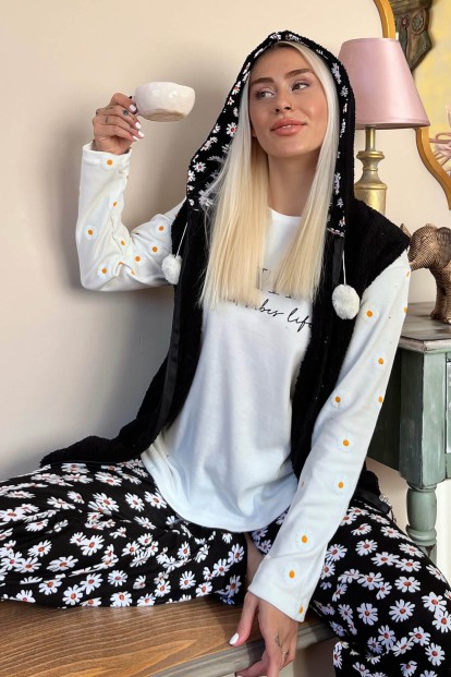 Siyah Positive Mind Desenli Peluş Yelekli Kadın Pijama Takımı - Pijamaevi