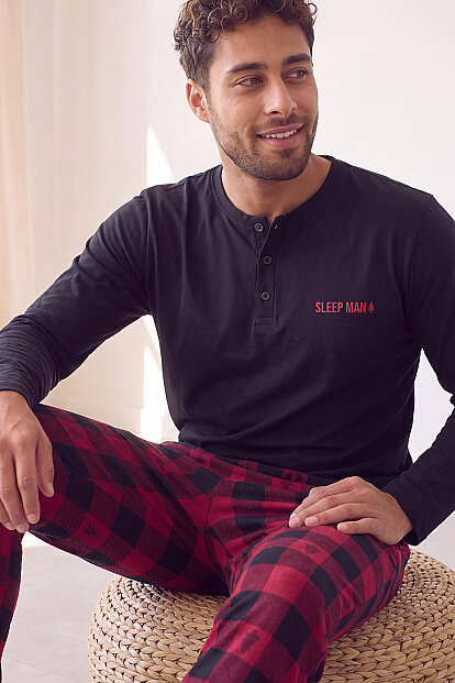 Siyah Sleep Man Desenli Stylish Erkek Uzun Kol Pijama Takımı - Pijamaevi