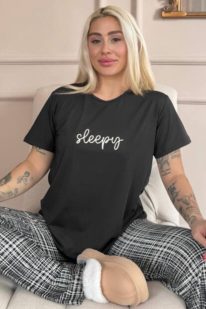 Siyah Sleepy Desenli Kısa Kollu Kadın Pijama Takımı - Pijamaevi