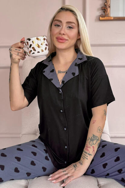 Siyah Soft Charm Desenli Bambu Önden Düğmeli Kısa Kol Pijama Takımı - Pijamaevi