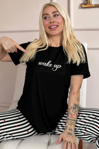 Siyah Wake Up Desenli Bambu Kısa Kol Kadın Pijama Takımı - Pijamaevi