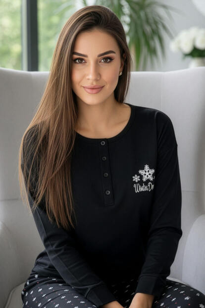 Siyah Winter Dream Desenli Uzun Kollu Bambu Örme Kadın Pijama Takımı - Pijamaevi