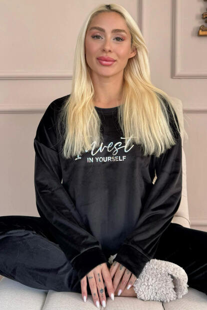 Siyah Yourself Desenli Exclusive Kadife Kadın Pijama Takımı  - Pijamaevi
