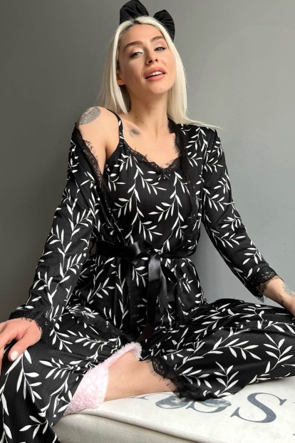 Siyah Zeytin Dalı Desenli Sabahlıklı Pegasus Pijama Takımı - Pijamaevi