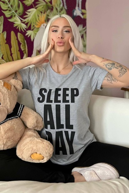 Sleep All Day Baskılı Örme Kısa Kollu Pijama Takımı - Pijamaevi