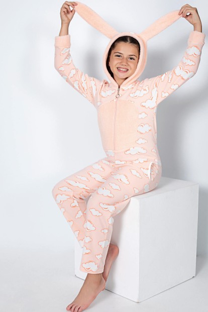 Somon Bulut Desenli Kız Çocuk Polar Peluş Tulum Pijama - Pijamaevi
