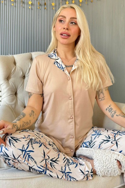 Somon Florado Exclusive Önden Düğmeli Kısa Kollu Kadın Pijama Takımı - Pijamaevi