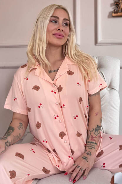 Somon Honey Bear Desenli Bambu Önden Düğmeli Kısa Kol Pijama Takımı - Pijamaevi