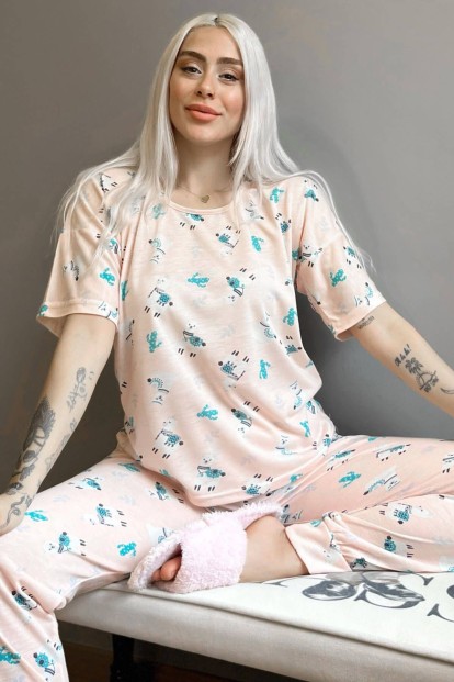 Somon Kaktüs Lama Baskılı Kısa Kollu Kadın Pijama Takımı - Pijamaevi