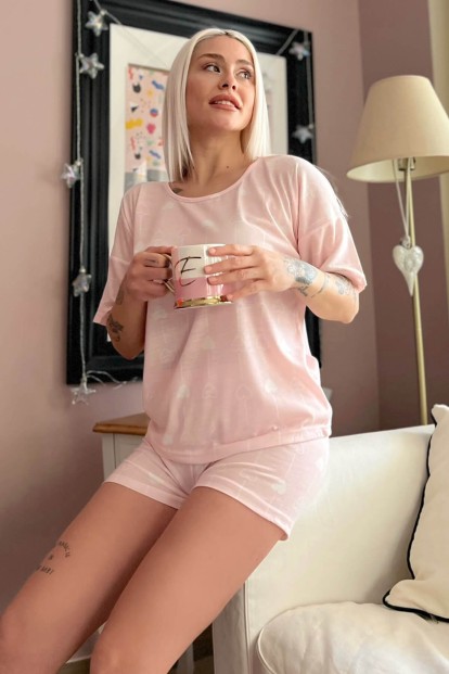 Somon Kalp Baskılı Şortlu Kadın Pijama Takımı - Pijamaevi