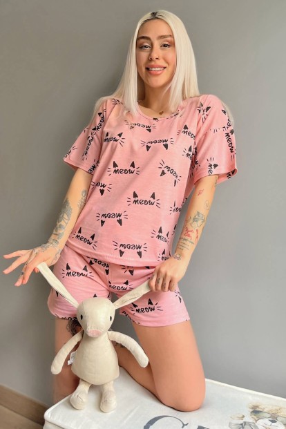 Somon Kedi Kulağı Baskılı Şortlu Kadın Pijama Takımı - Pijamaevi
