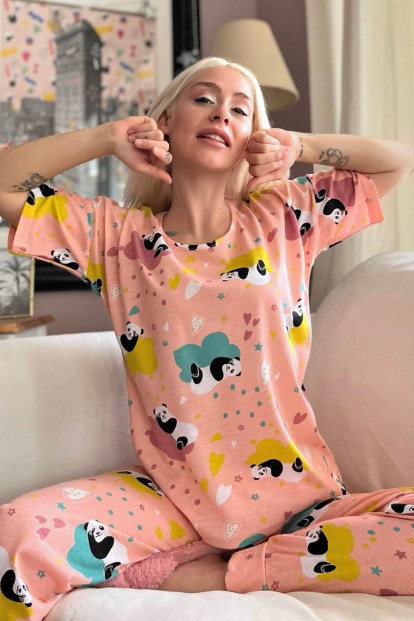 Somon Panda Baskılı Kısa Kollu Kadın Pijama Takımı - Pijamaevi