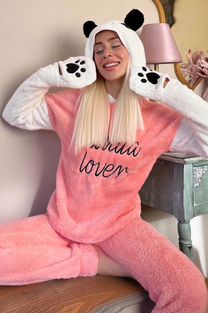 Somon Panda Lover Desenli Tam Peluş Pijama Takımı - Pijamaevi