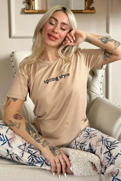 Somon Spring Style Desenli Kısa Kollu Örme Kadın Pijama Takımı - Pijamaevi