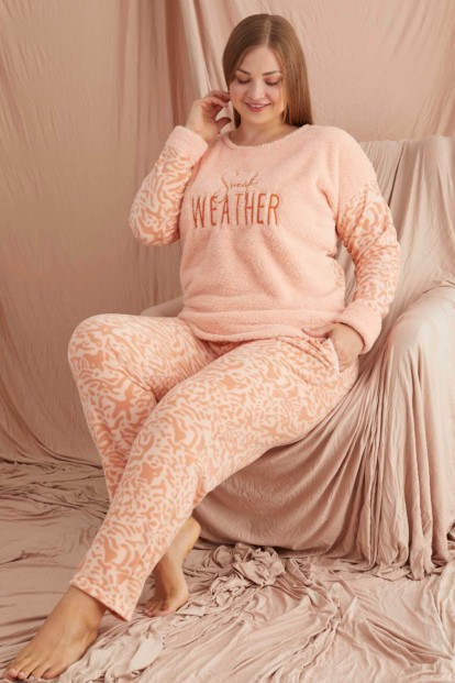 Somon Weather Desenli Büyük Beden Battal Peluş Pijama Takımı - Pijamaevi