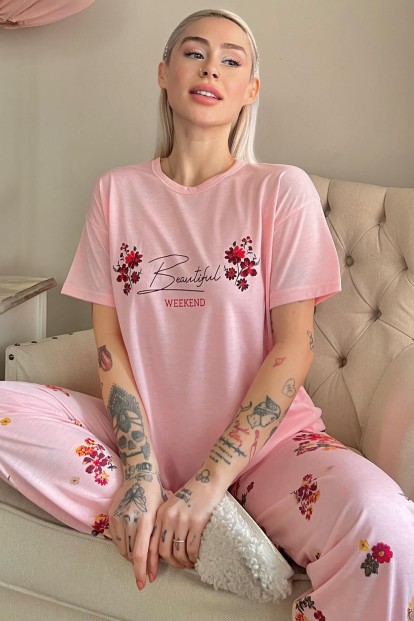 Somon Weekend Baskılı Örme Kısa Kollu Kadın Pijama Takımı - Pijamaevi