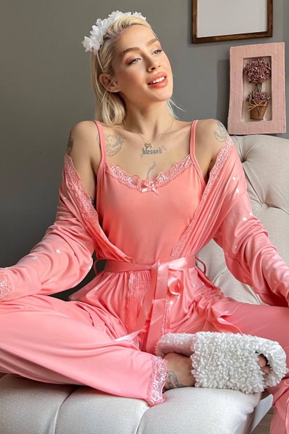 Somon Yıldız Desenli Bambu Sabahlıklı Kadın Pijama Seti - Pijamaevi