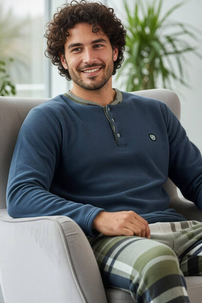 Steel Mavi Ekose Desenli Polar Erkek Pijama Takımı - Pijamaevi