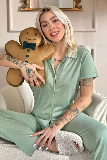 Su Yeşili Önden Düğmeli Kısa Kol Örme Kadın Pijama - Pijamaevi