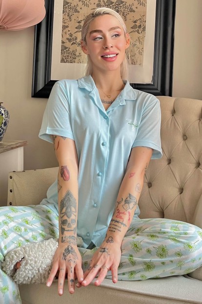 Su Yeşili Wonderful Baskılı Örme Önden Düğmeli Kısa Kol Kadın Pijama - Pijamaevi