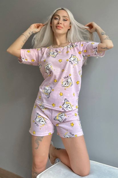 Toz Pembe Bear Stars Baskılı Şortlu Kadın Pijama Takımı - Pijamaevi