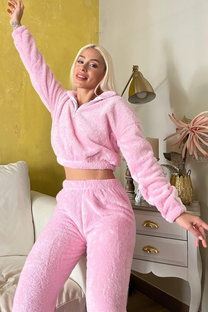 Toz Pembe Fermuar Detaylı Crop Tam Peluş Pijama Takımı - Pijamaevi