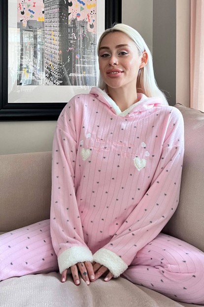Toz Pembe Heart Magic Desenli Kapşonlu Peluş Polar Pijama - Pijamaevi