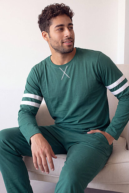 Turkuaz Line Desenli Stylish Erkek Uzun Kol Pijama Takımı - Pijamaevi