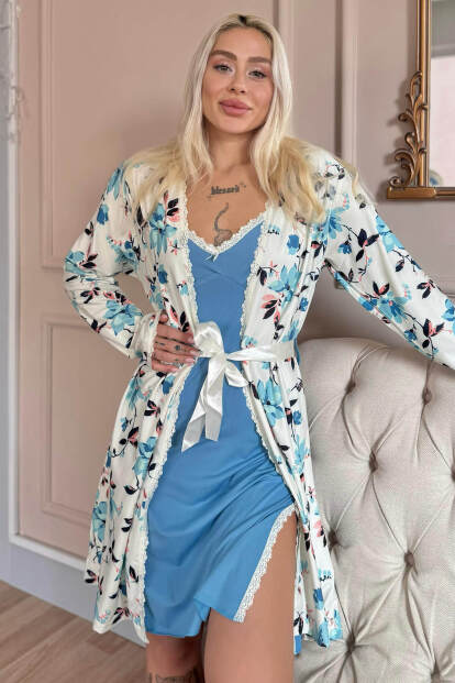 Turkuaz Soft Breeze Exclusive Örme Sabahlıklı Gecelik Kadın Pijama Takımı - Pijamaevi