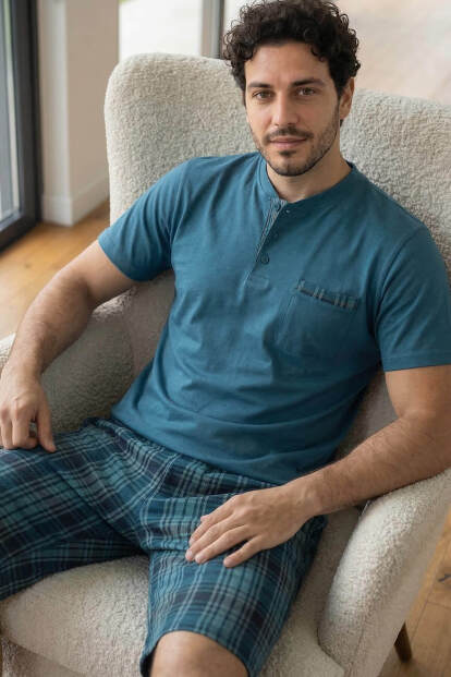 Urban Teal Şortlu Pat Detaylı Elegant Erkek Pijama Takımı - Pijamaevi