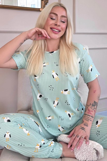 Yeşil Bird Desenli Kısa Kol Örme Zincir Kadın Pijama Takımı - Pijamaevi