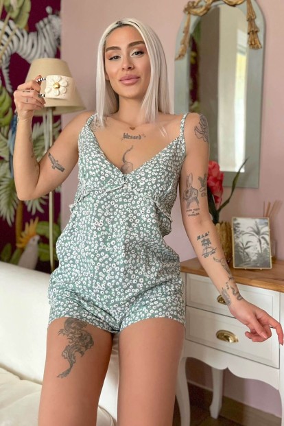 Yeşil Daisy Baskılı Dokuma İp Askı Şortlu Pijama Takımı - Pijamaevi