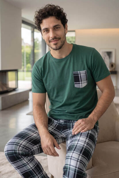 Yeşil Ekose Cep Detay Kısa Kollu Erkek Pijama Takımı - Pijamaevi