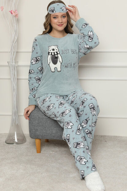 Yeşil Just Bear Desenli Kadın Peluş Pijama Takımı - Pijamaevi